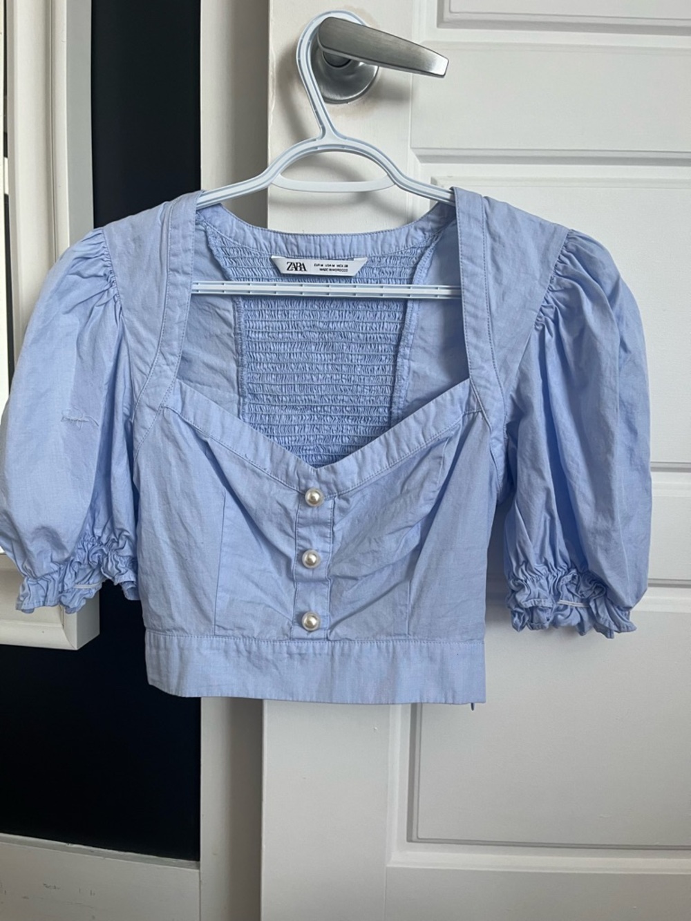 Zara Light Blue Puff-Sleeve Cropped Top with Pearl Buttons